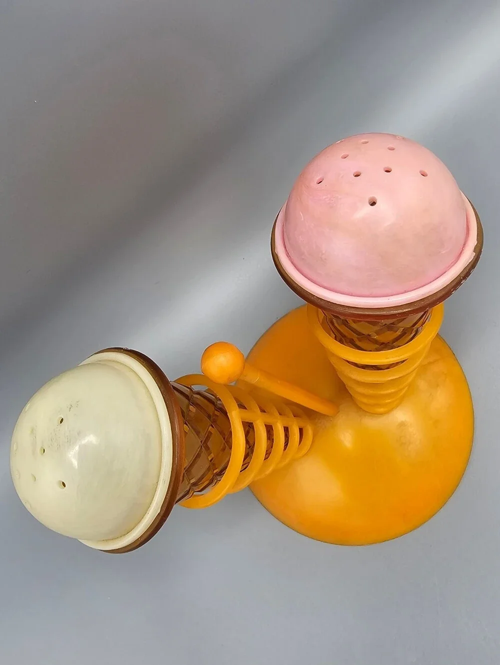 Vintage Plastic Ice Cream Cone Salt and Pepper Shakers with Stand